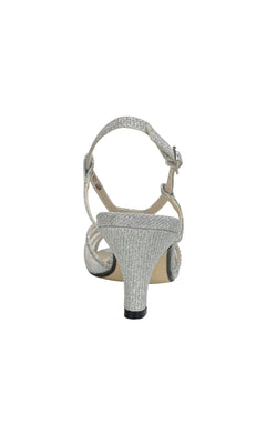 Rear view of Clara Silver Low Heel Prom Shoes 4486: silver glittery sandals with ankle strap, open heel, and 1.75-inch heel—ideal for prom—displayed against a white background.