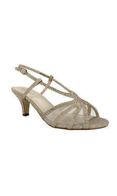 The Clara Champagne 1.75in Heel Prom Shoes 4487 feature a gold strappy design with glitter, an open toe, ankle strap with buckle, and a 1.75-inch heel—ideal for prom or special occasions.
