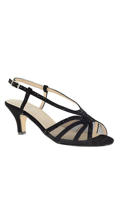 The Black Strappy Short Heel Formal Shoe 4490 is a chic open-toe slingback with mesh panels, crisscross straps, stone accents, and a mid-height heel—perfect for those seeking stylish black strappy shoes with sparkle.