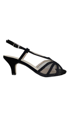 The Black Strappy Short Heel Formal Shoe 4490 features an open toe, ankle strap, mesh accents, and subtle stone details. Displayed in side profile on a white background.