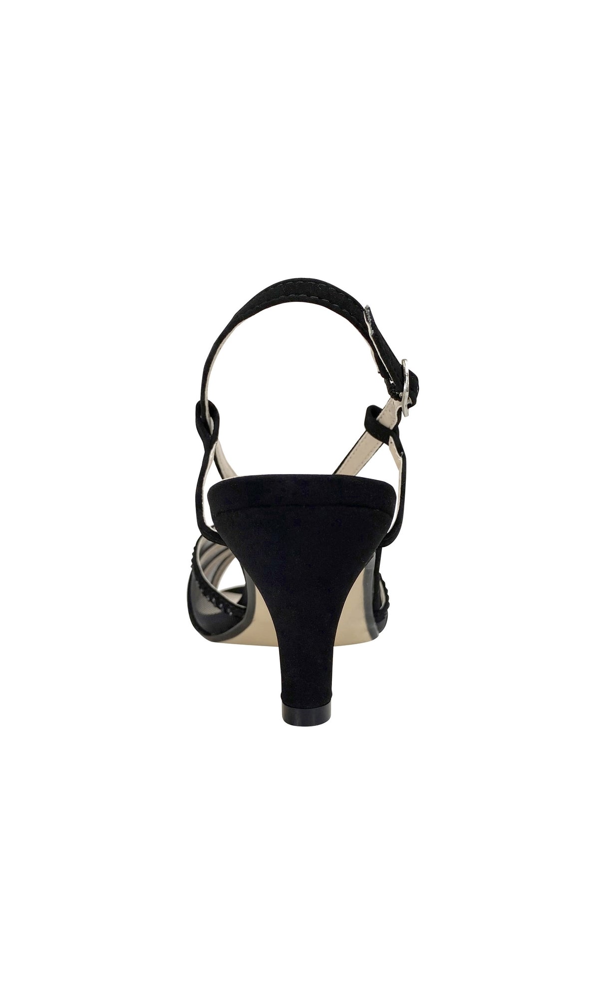 Rear view of the Black Strappy Short Heel Formal Shoe 4490, featuring an ankle strap and buckle, displayed against a plain white background.