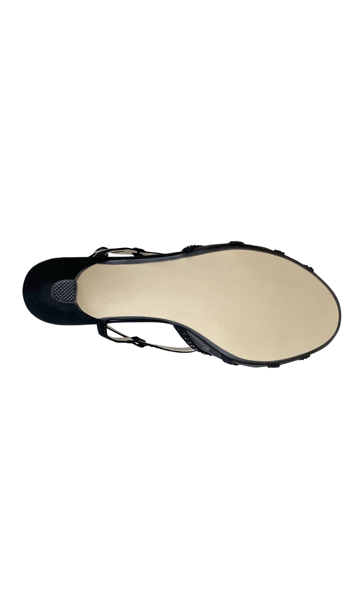 The image shows the bottom view of the Black Strappy Short Heel Formal Shoe 4490, featuring black straps, a thin ankle strap, and a smooth beige sole.
