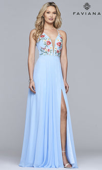 Faviana-Long Chiffon Open-Back Embroidered Prom Dress
