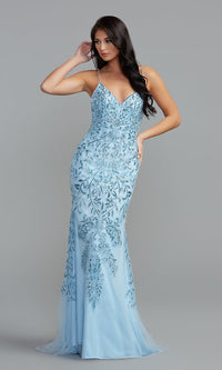 PromGirl Long Blue Sequin-Print Prom Dress