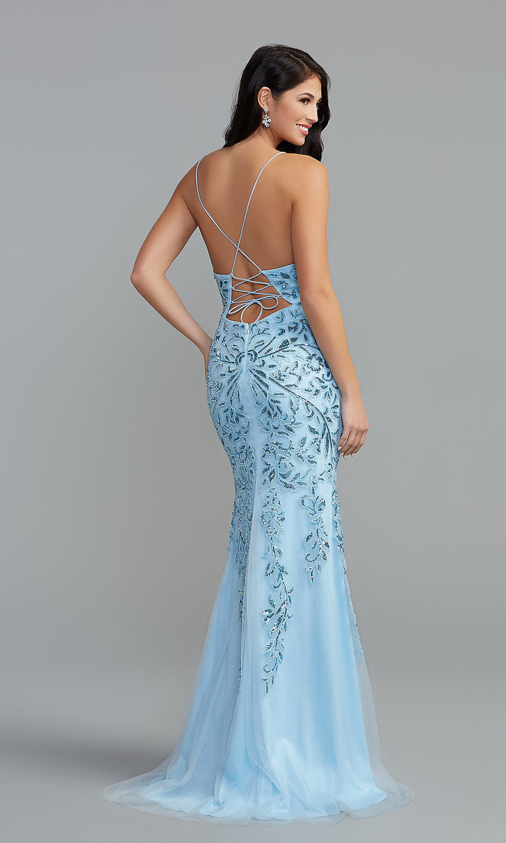 PromGirl Long Blue Sequin-Print Prom Dress