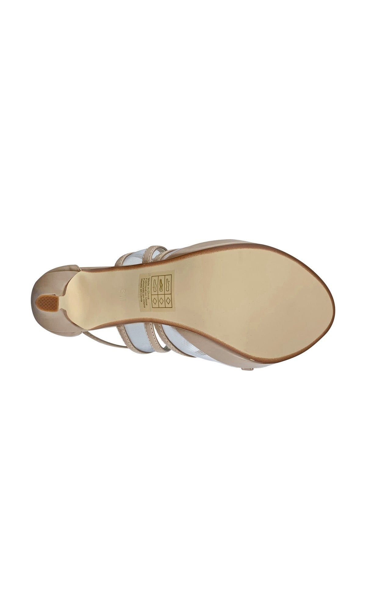 The image shows the bottom view of the Corri Taupe High Heel Strappy Prom Shoes 4471 for women, featuring a beige sole with care symbols printed near the arch—an elegant choice for special occasions.