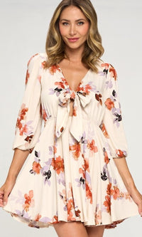 Lovely Day-Short Floral Print Front-Tie Party Dress
