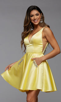 Promgirl Private Label-Short Satin Prom Dress with Sheer Sides and Pockets