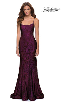 La Femme-Corset-Back Floral-Lace Long La Femme Prom Dress