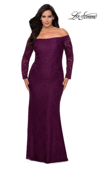 La Femme-Plus-Size Long Sleeve Lace La Femme Prom Dress