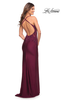 La Femme-La Femme Beaded-Bodice Long Sleek Prom Dress
