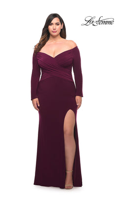 La Femme-Long Sleeve Off-Shoulder La Femme Plus Prom Dress