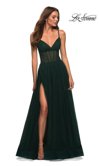 La Femme-Long La Femme Prom Dress with Sheer Corset Waist