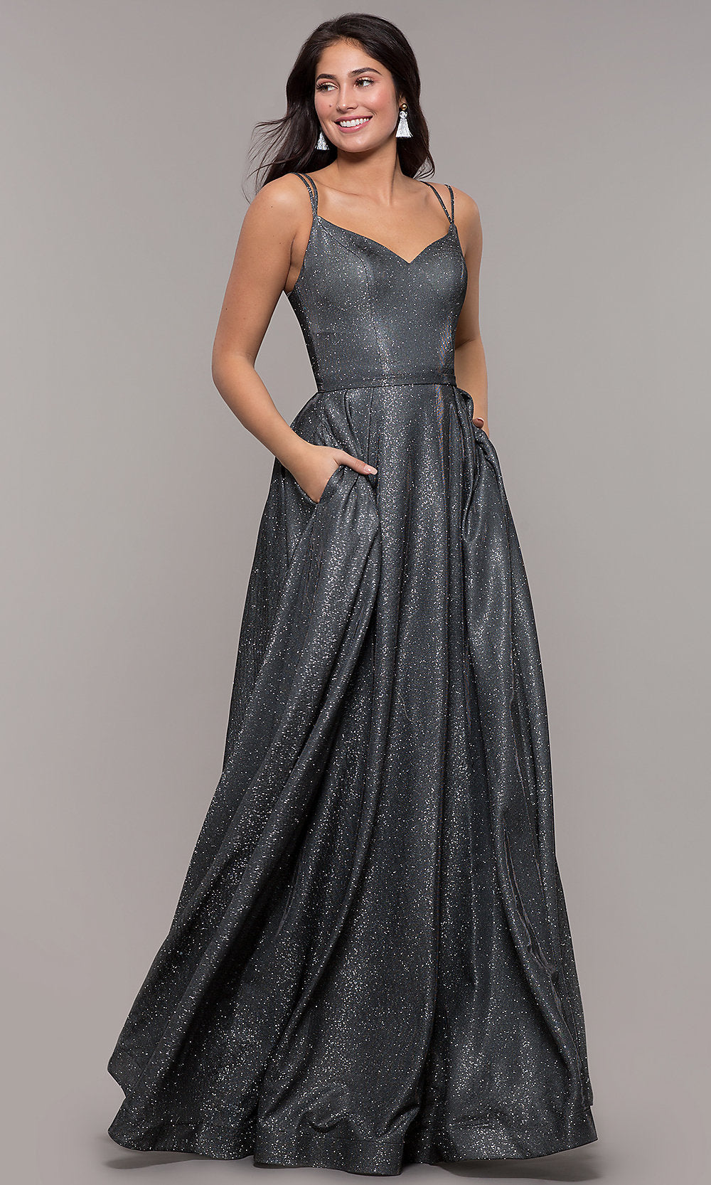 Long Metallic A-Line Prom Dress with Pockets -PromGirl