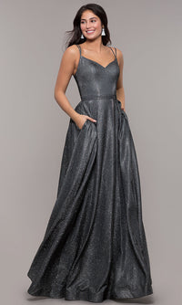 Dancing Queen-Metallic Long A-Line Prom Dress with Side Pockets