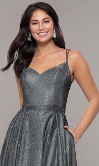 Dancing Queen-Metallic Long A-Line Prom Dress with Side Pockets