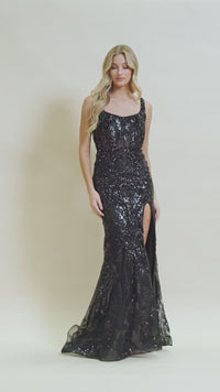 Sheer-Bodice Long Sequin-Lace Prom Dress