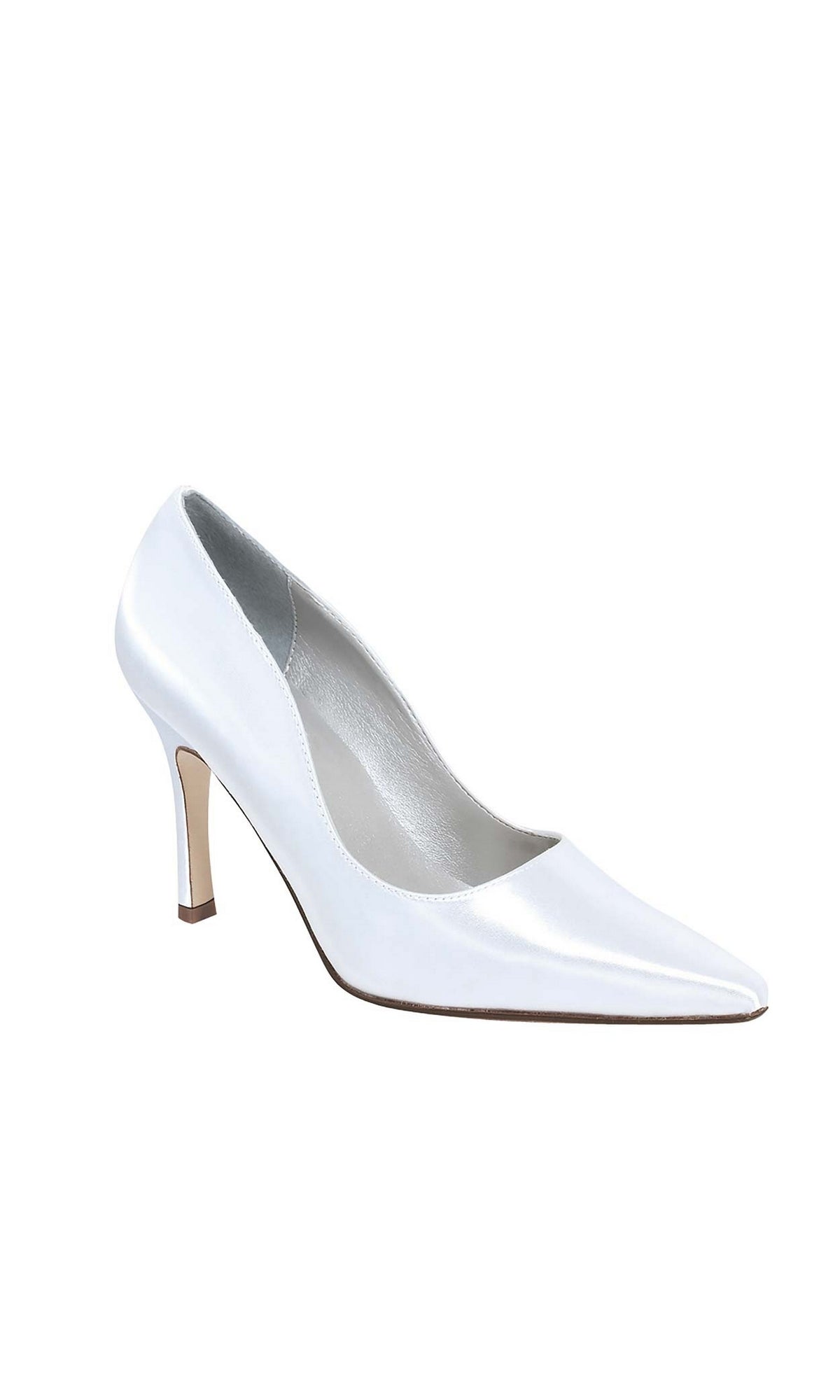 The Closed Toe Pump White Prom Shoes 40309 features a single white prom shoe with a 3.5-inch slender heel and pointed closed toe, showcased against a plain white background—elegant for special occasions.