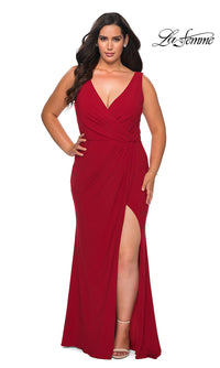 La Femme-Simple Long Plus-Size Prom Dress by La Femme