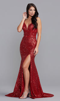 Corset-Back Red Sequin Long Prom Dress by PromGirl