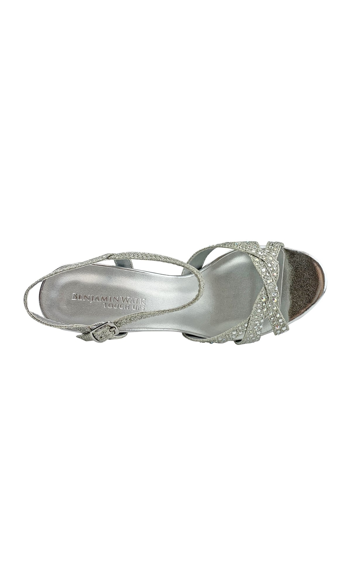 Top view of the Silver Low Open Toe Heel 4184, featuring glittery silver straps, a side buckle, 