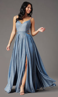 Long Dusty Blue Glitter Prom Dress by PromGirl