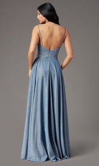 Long Dusty Blue Glitter Prom Dress by PromGirl