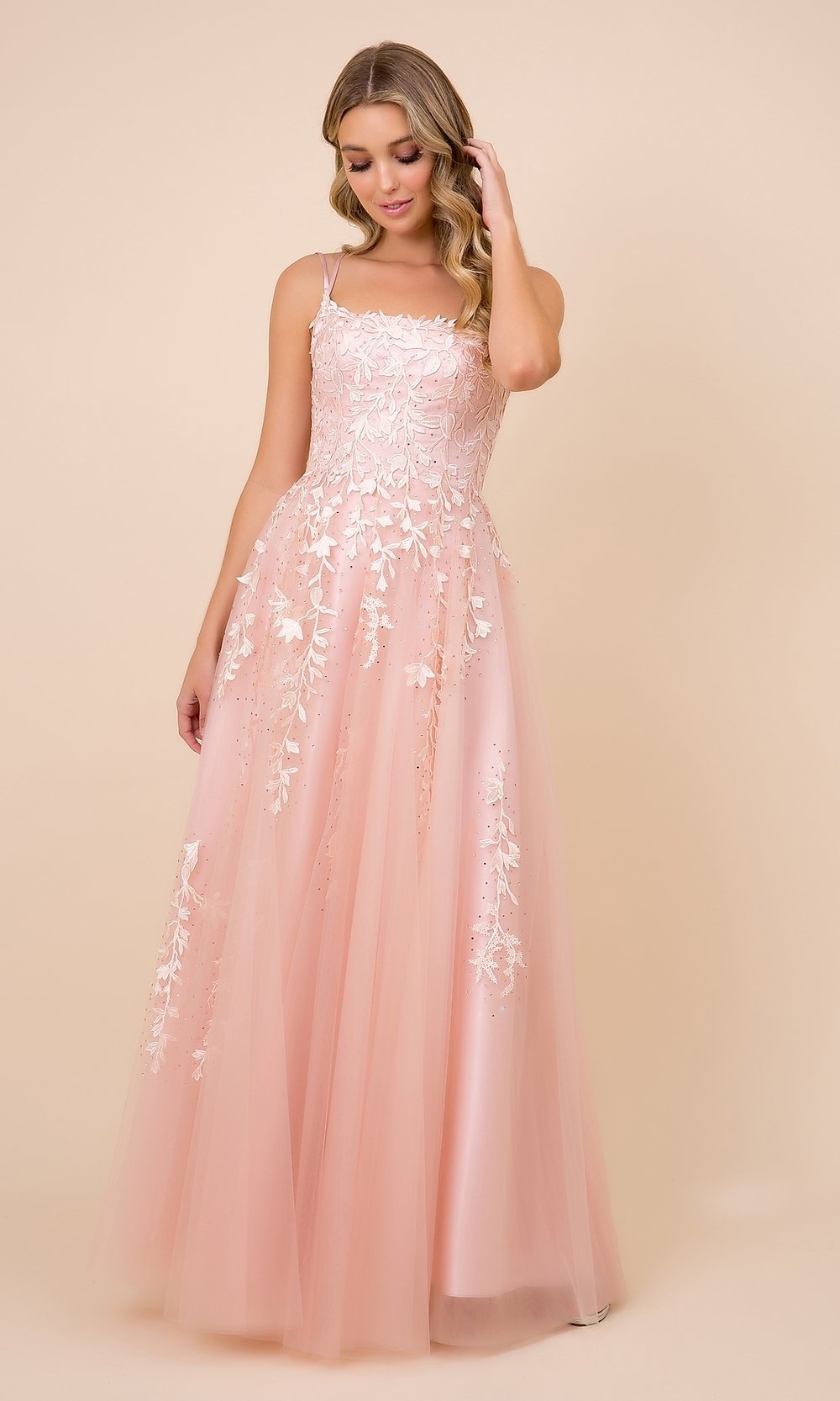Lace-Up Tulle Long Prom Ball Gown with Embroidery