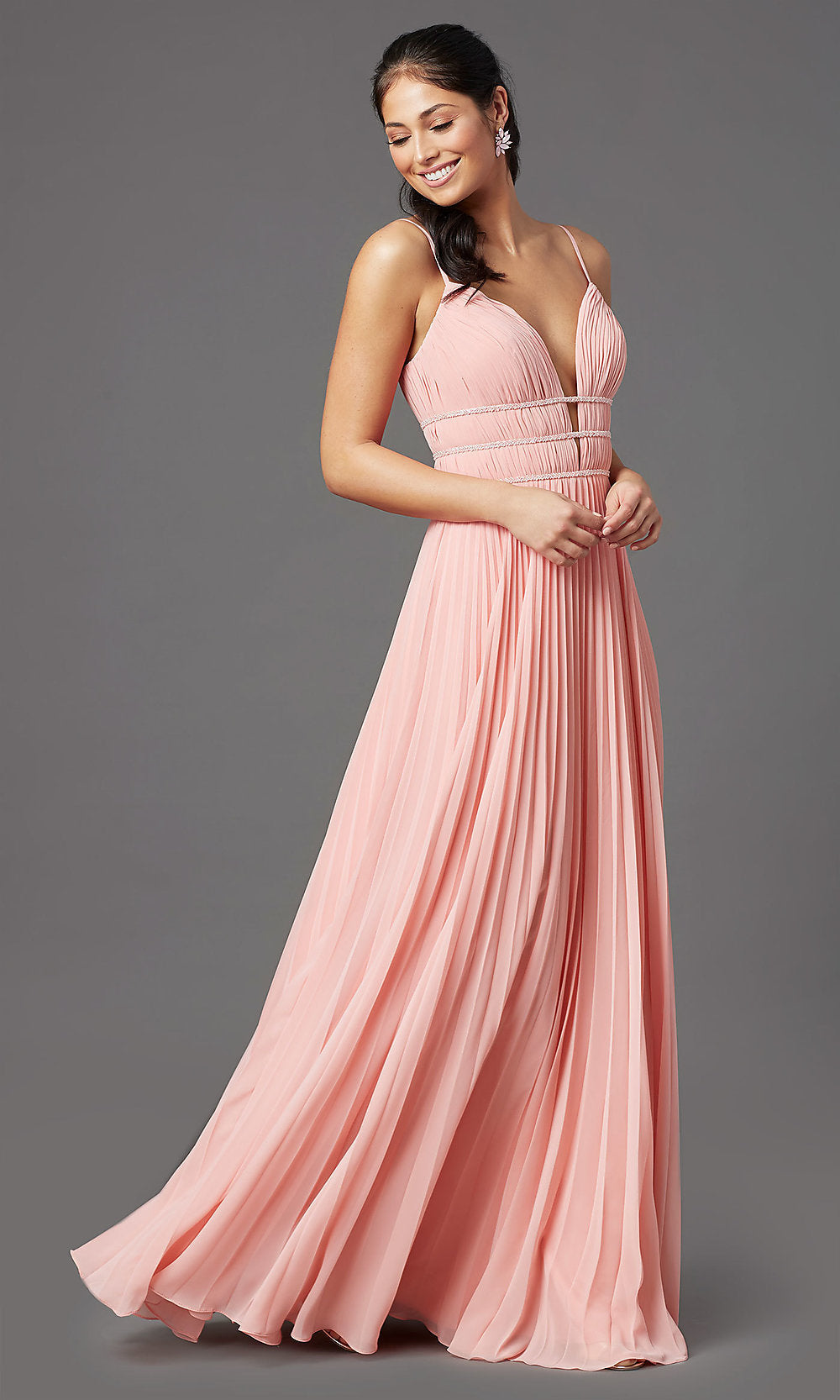 Pleated Long Formal V-Neck Prom Dress by PromGirl