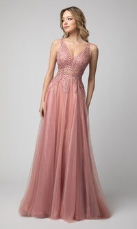 Shail K Embroidered-Bodice Long A-Line Prom Gown