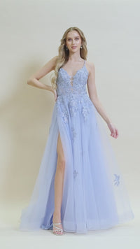 Open-Back Long Prom Ball Gown with Beads