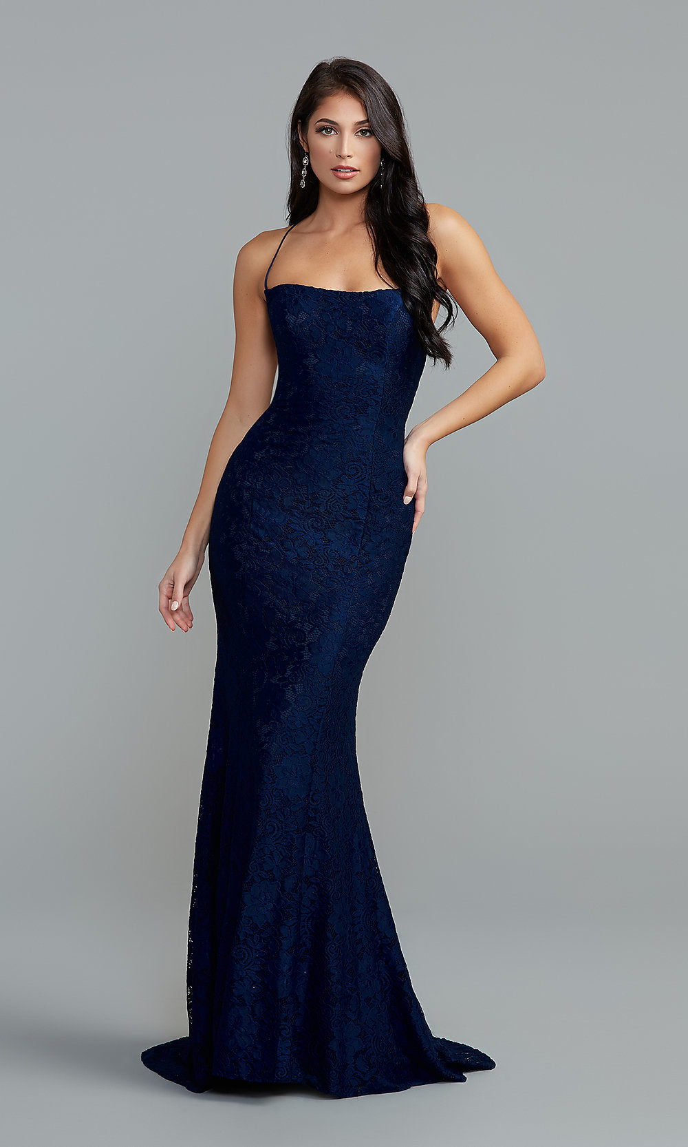 PromGirl Dark Blue Long Lace Tight Prom Dress