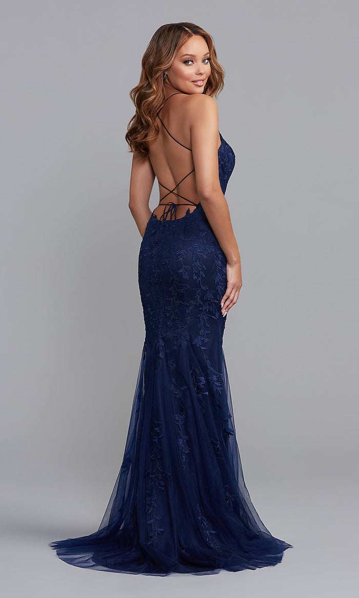 PromGirl Long Blue Prom Dress with Statement Back
