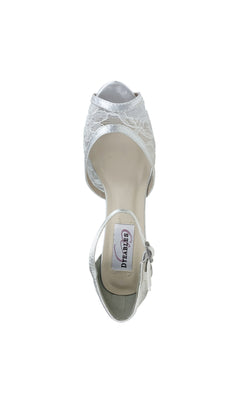 The 3.5 in Lace White Prom Shoes 46115 are chic open-toe sandals with lace details, ankle strap, and buckle. Viewed from above, they’re perfect for prom and feature a "DREAMS" label on the insole.