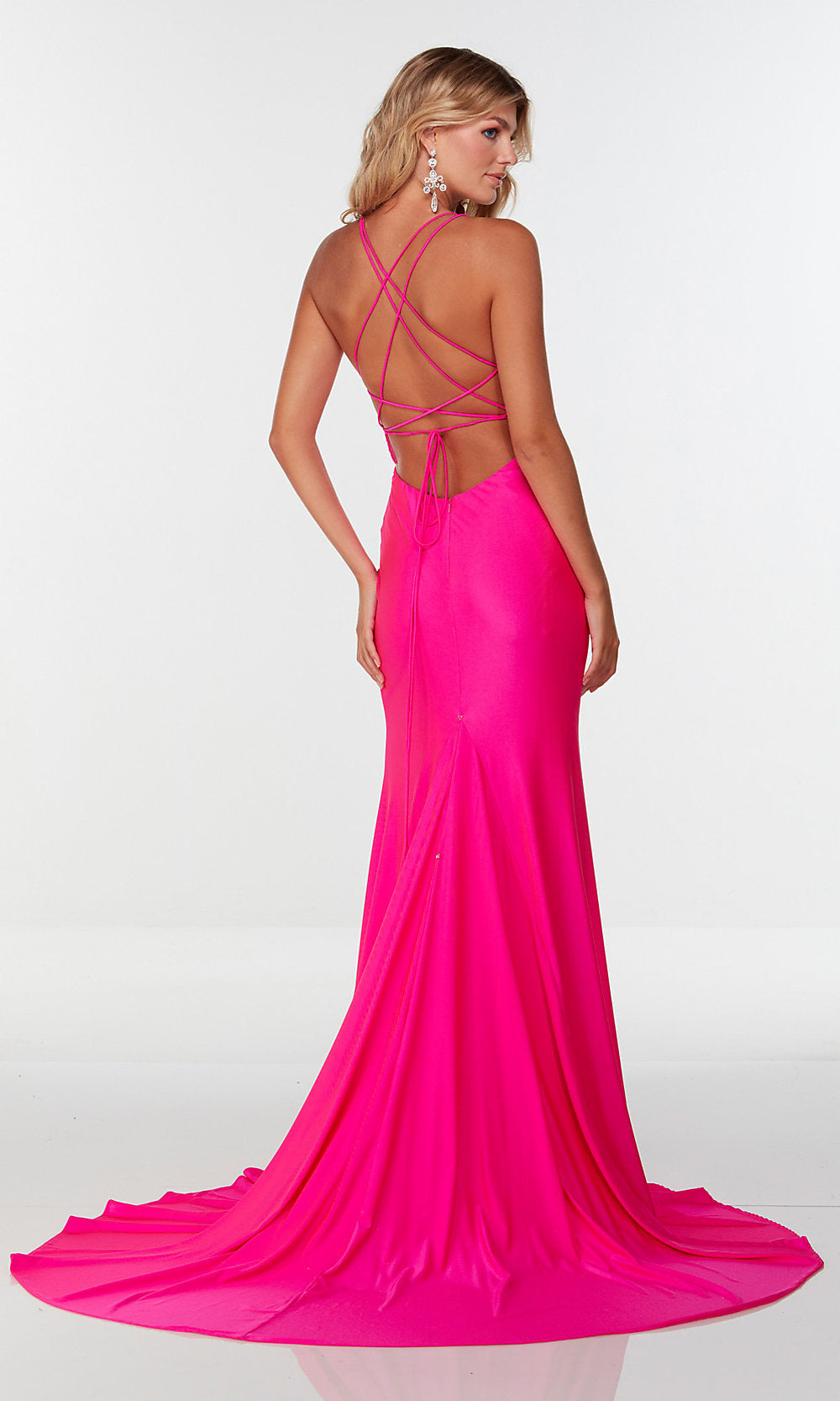 Alyce-Faux-Wrap Long Prom Dress in Electric Fuchsia Pink