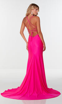 Faux-Wrap Long Prom Dress in Electric Fuchsia Pink