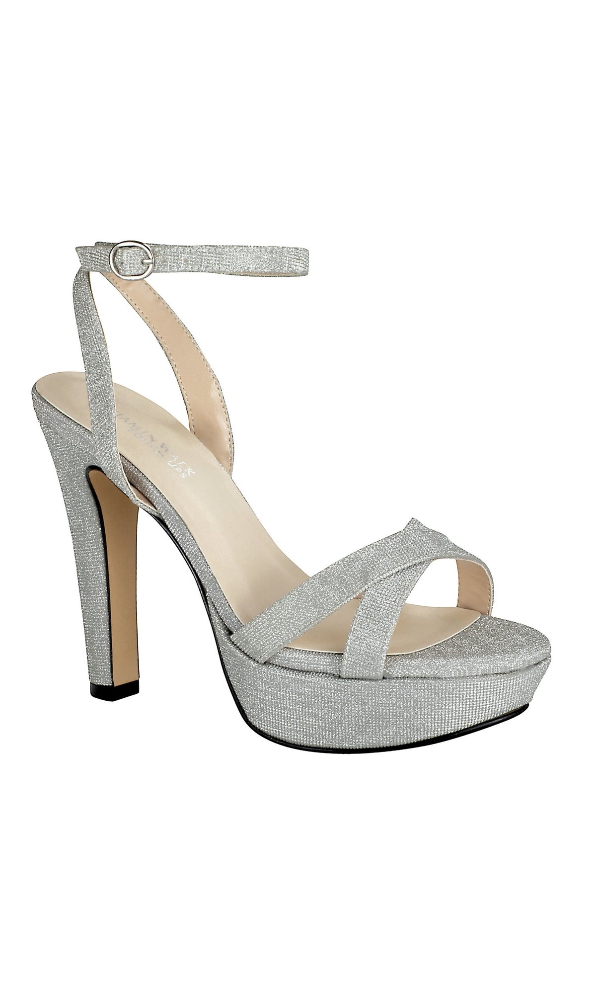 The Elena Silver High Heel Prom Shoes by Touch Ups 4548 feature a platform sole, crisscross front straps, and an ankle buckle strap—perfect silver prom shoes, shown against a white background.