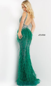 Jovani-Jovani Sheer-Bodice Long Prom Dress with Feathers