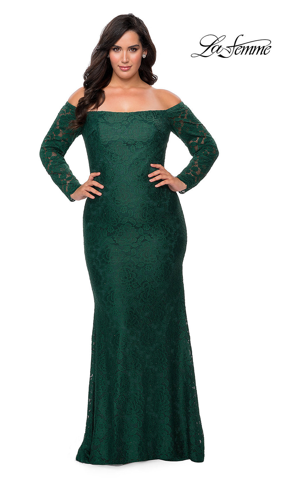 La Femme-Plus-Size Long Sleeve Lace La Femme Prom Dress