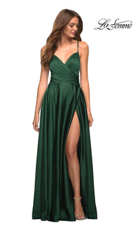 La Femme-La Femme Lace-Up Back Long Satin A-Line Prom Dress