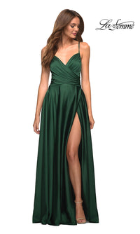 La Femme-La Femme Lace-Up Back Long Satin A-Line Prom Dress