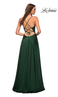 La Femme-La Femme Lace-Up Back Long Satin A-Line Prom Dress