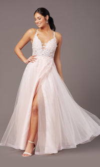 Promgirl Private Label-Faux-Wrap Long Tulle Formal Prom Dress by PromGirl