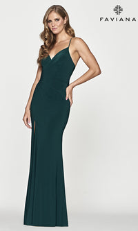 Faviana-Dark Green Long Faviana Prom Dress with Ruching