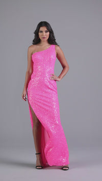 PromGirl Hot Pink One-Shoulder Sequin Prom Dress