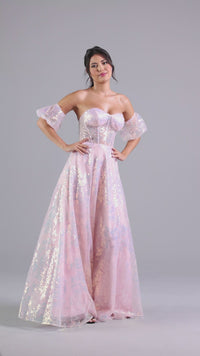 PromGirl Puff-Sleeve Blush Pink Unique Prom Dress