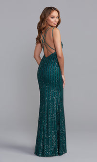 PromGirl Long Strappy-Back Prom Dress with Sequins