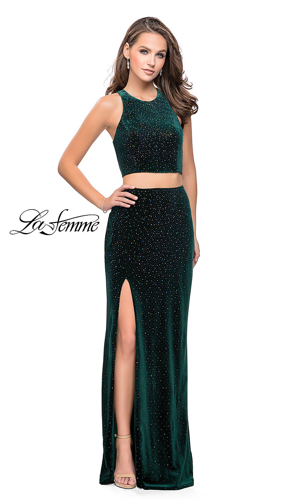 Long Beaded Velvet Two-Piece Prom Dress