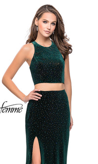 La Femme-Long Beaded Velvet Two-Piece Prom Dress