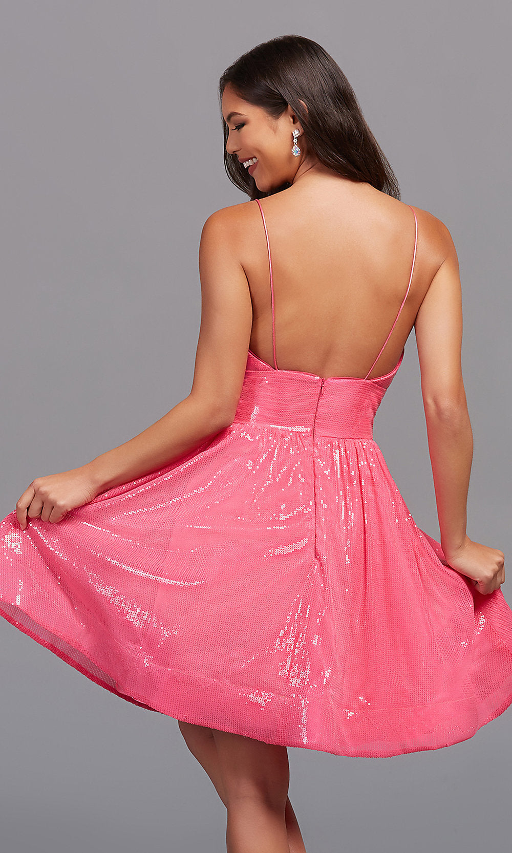 Fuchsia Pink Sequin Knee-Length Homecoming Dress